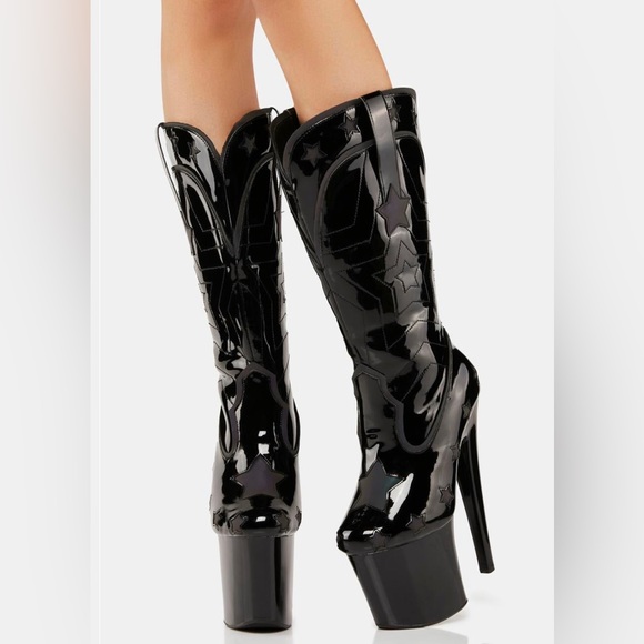Y.R.U. Dolly Star Reflective Black Platform boots 7.5” Heel Western New - Picture 3 of 11
